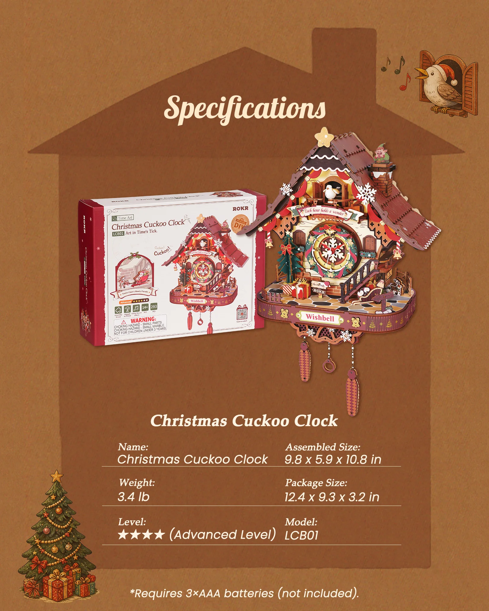 Wooden 3D Puzzle Toys - Christmas Cuckoo Clock - Image 8